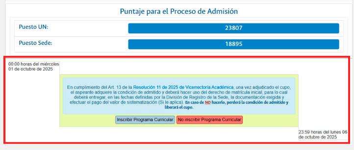 Parte inferior resultados donde aparece opción de inscribir programa carrera unal
