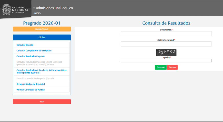 Ingreso datos codigo seguridad documento Consulta resultados UNAL 2026