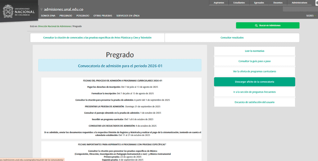 primera pantalla consulta resultados universidad nacional de colombia