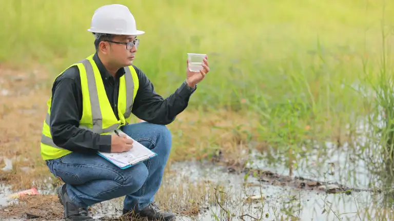 ingeniero ambiental analizando muestras de agua